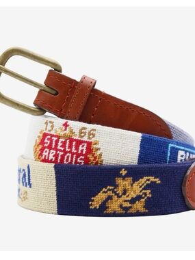 Anheuser Busch Beer Labels Needlepoint Men’s Belt with Brown Leather Trim